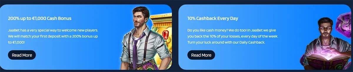 Two blue casino promo cards: “200% up to €1,000 Cash Bonus” and “10% Cashback Every Day,” each with a “Read More” button and illustrated male character artwork on the right.