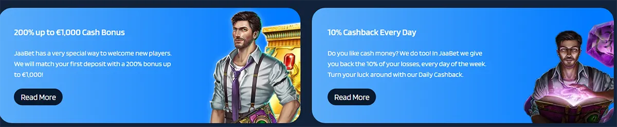 Two blue casino promo cards: “200% up to €1,000 Cash Bonus” and “10% Cashback Every Day,” each with a “Read More” button and illustrated male character artwork on the right.
