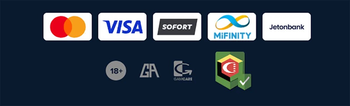 Row of payment method logos (Mastercard, Visa, Sofort, MiFinity, Jetonbank) above responsible gambling/regulatory icons including an 18+ badge, GA, GamCare, and a green licensing/security badge.