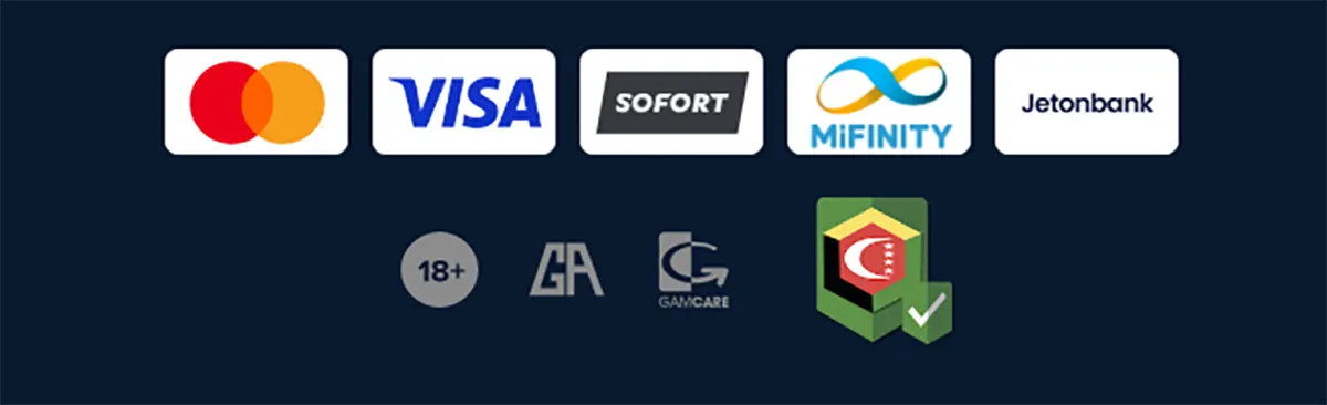 Row of payment method logos (Mastercard, Visa, Sofort, MiFinity, Jetonbank) above responsible gambling/regulatory icons including an 18+ badge, GA, GamCare, and a green licensing/security badge.