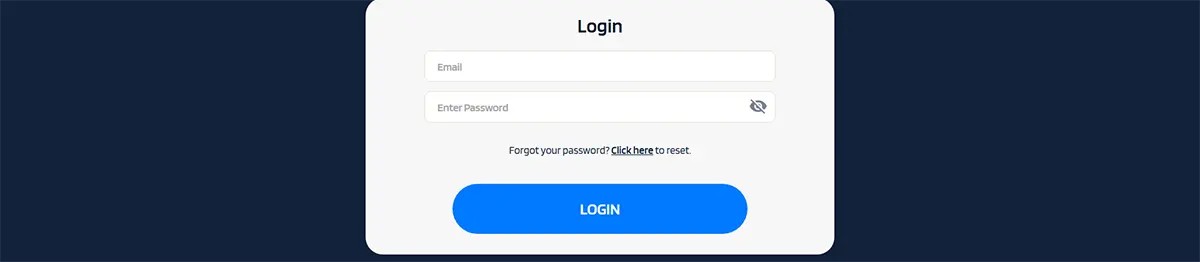 Minimal casino login form on a dark-blue background with email and password fields, “Forgot your password?” reset link, and a large blue “LOGIN” button.