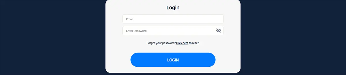 Minimal casino login form on a dark-blue background with email and password fields, “Forgot your password?” reset link, and a large blue “LOGIN” button.